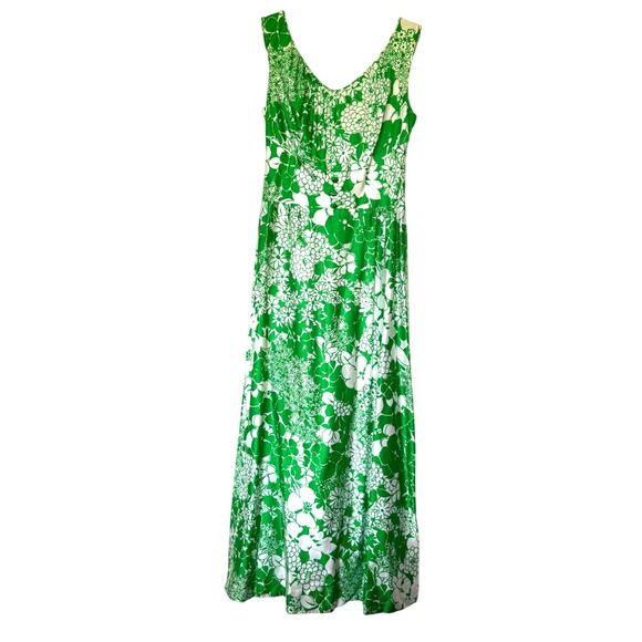 Vintage Waltah Clarkes Hawaiian Floral Maxi Dress‎ Green White Size 12 Neck - Picture 1 of 10